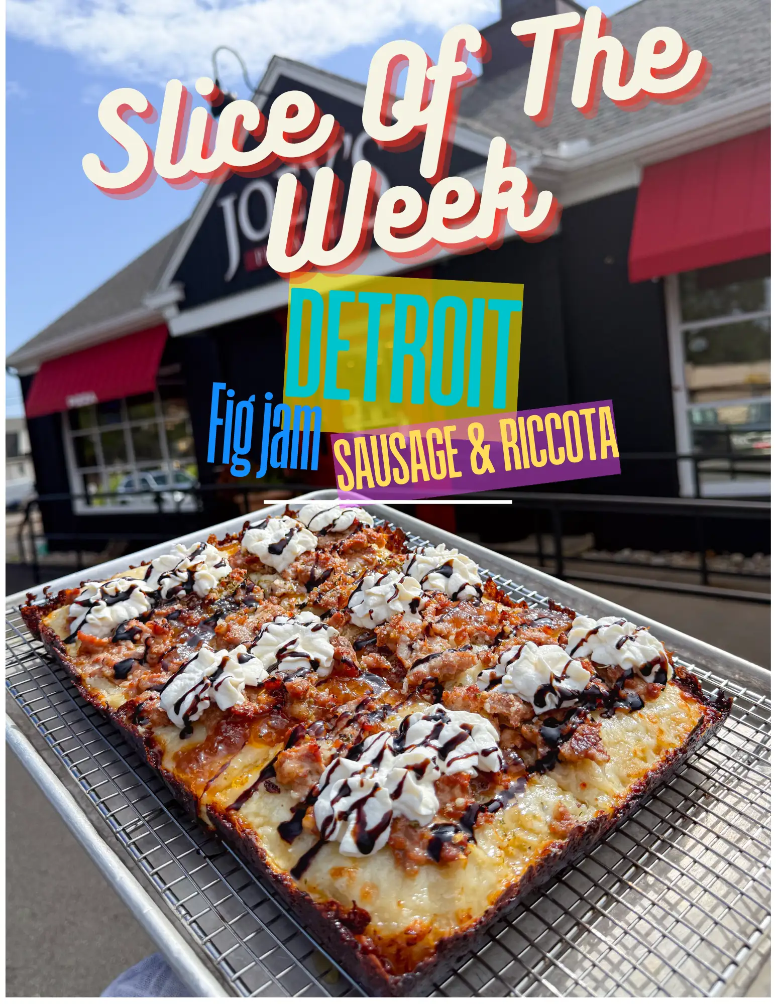 slice of the week detroit fig jam sausage white pie with ricotta and balsamic glaze